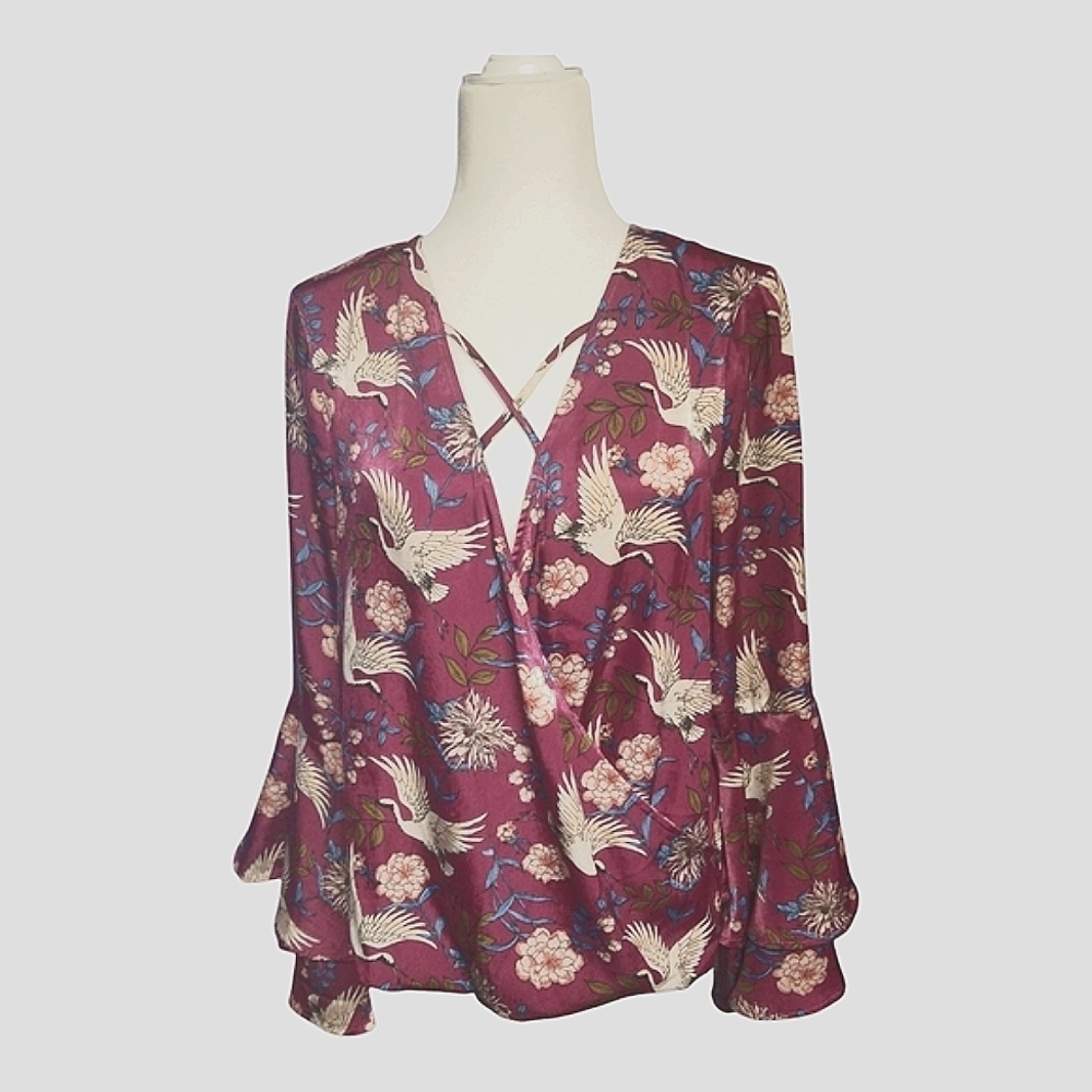 Charming Charlie Red and Cream Bell Sleeve Wrap Blouse